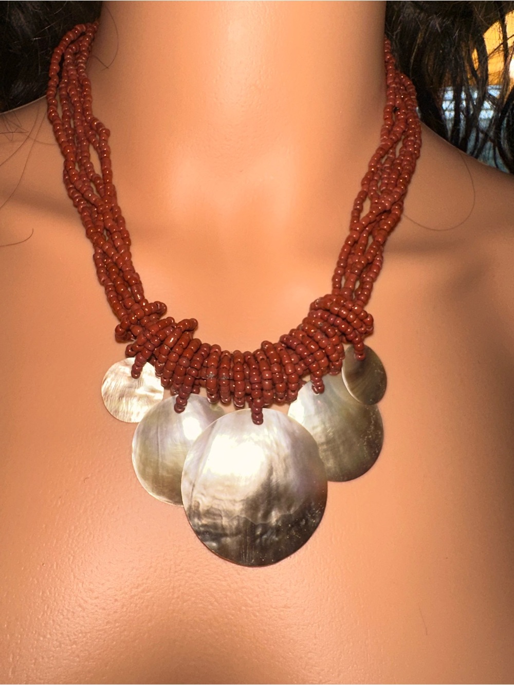 Multistrand Terra Cotta Beaded Necklace with Mother-of-Pearl Discs